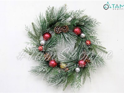 Vòng nguyệt quế 3 loại lá xoáy phủ tuyết thông châu ĐK50-60cm X-VNGQ-22